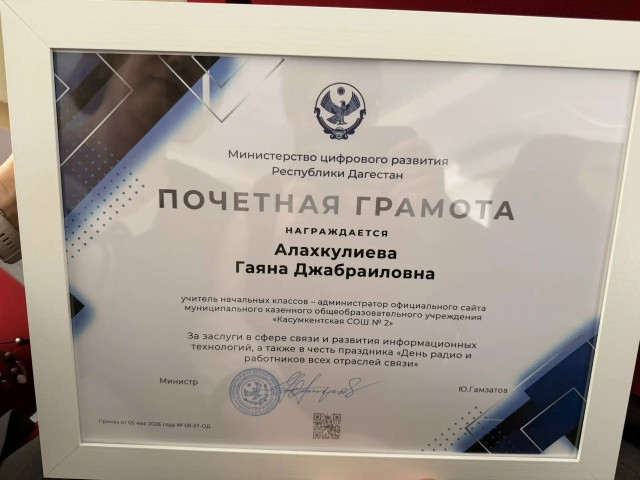 Администратор школьного сайта из Сулейман-Стальского района награждена Почётной грамотой Министерства цифрового развития Дагестана
