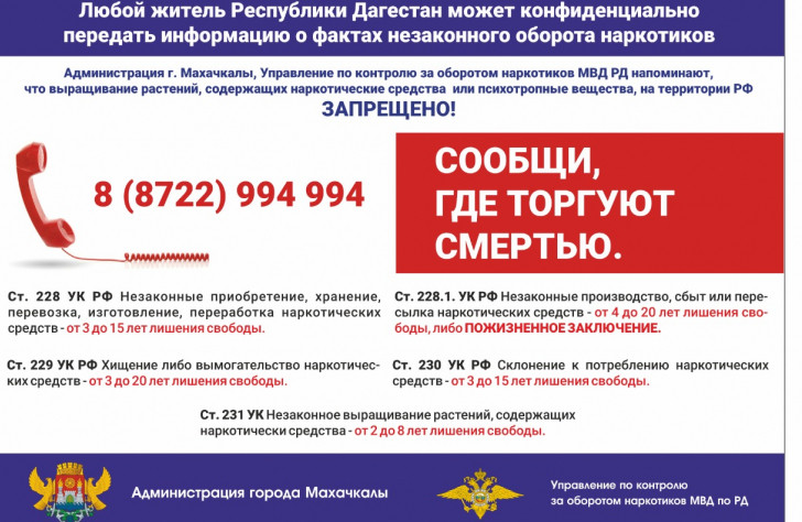 Телефон доверия и адрес электронной почты Управления по контроля за оборотом наркотиков МВД по РД