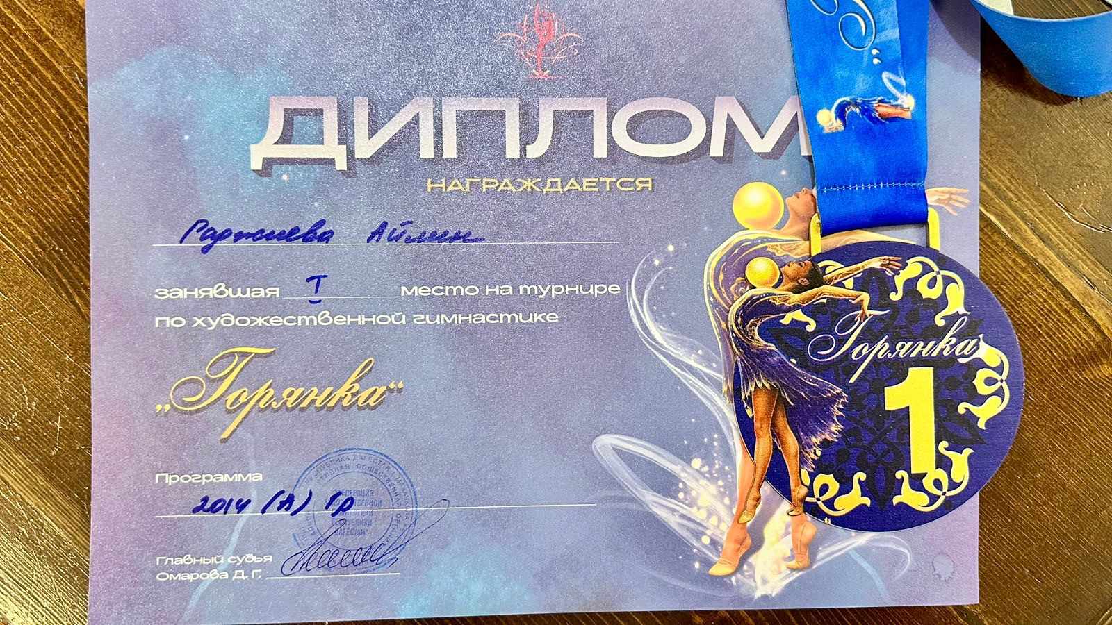 Гаджиева Айлин- ученица 5б класса заняла 1 место в соревнованиях по художественной гимнастике.