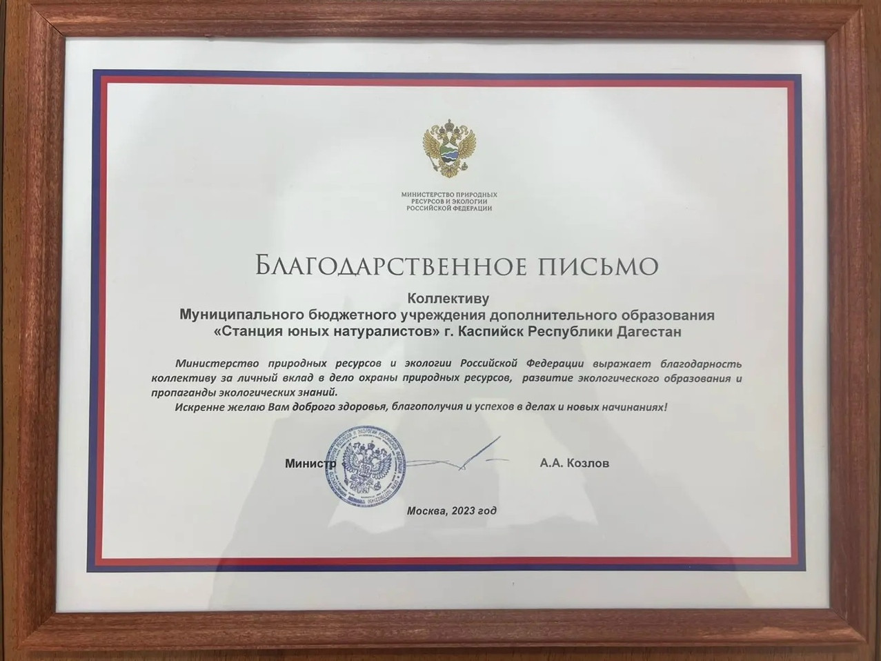 Благодарность  Министерства природных ресурсов и экологии РФ