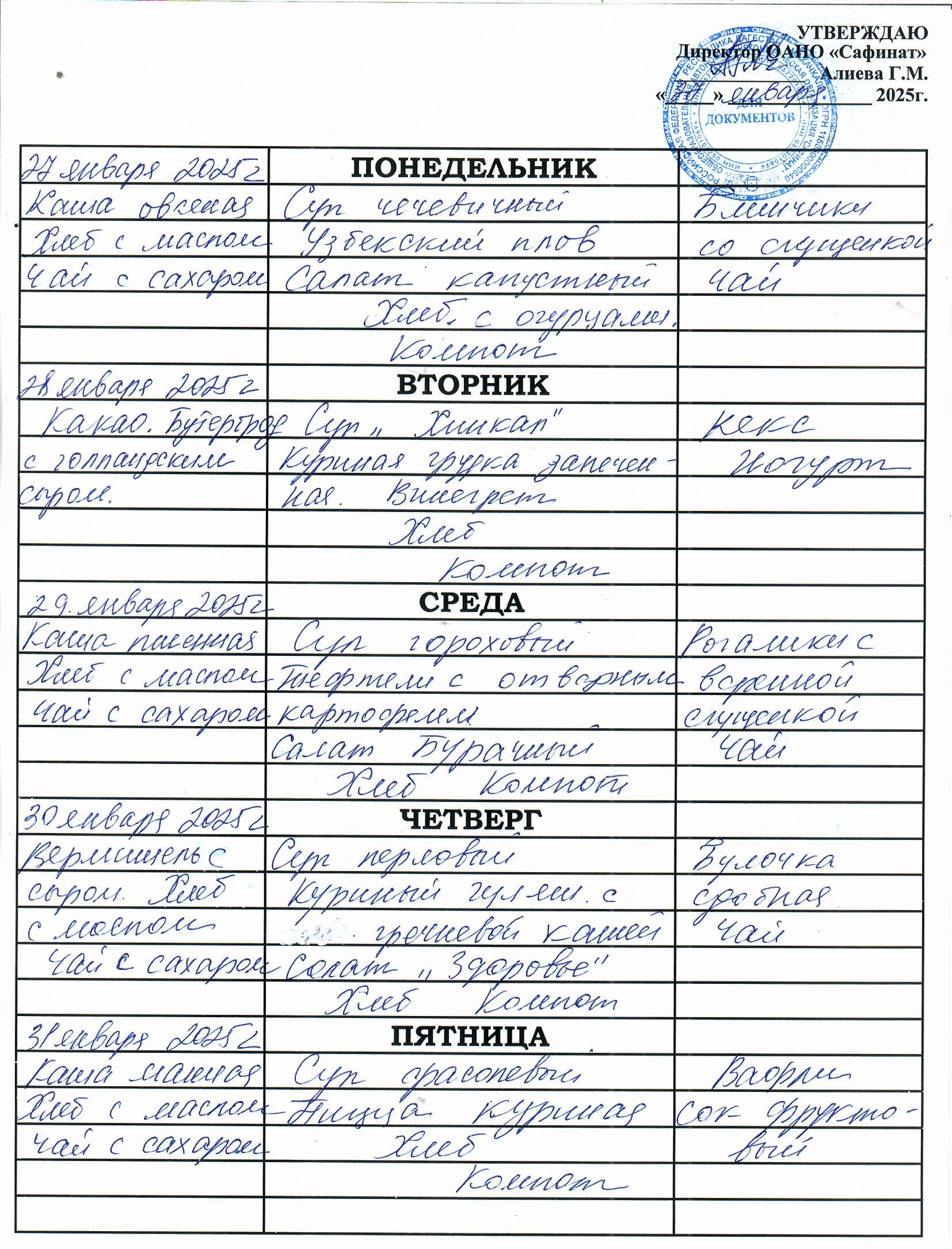 Школьное меню на период с 27.01 по 31.01