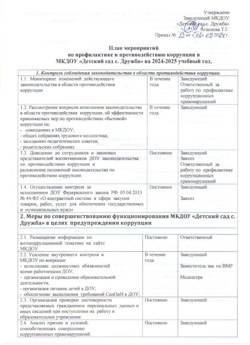 План мероприятий по профилактике и противодействию коррупции в МКДОУ «Детский сад с. Дружба» на 2024-2025 учебный год. План мероприятий по профилактике и противодействию коррупции в МКДОУ «Детский сад с. Дружба» на 2024-2025 учебный год.