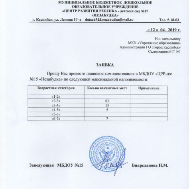 ПЛАНОВОЕ КОМПЛЕКТОВАНИЕ НА 2019г.