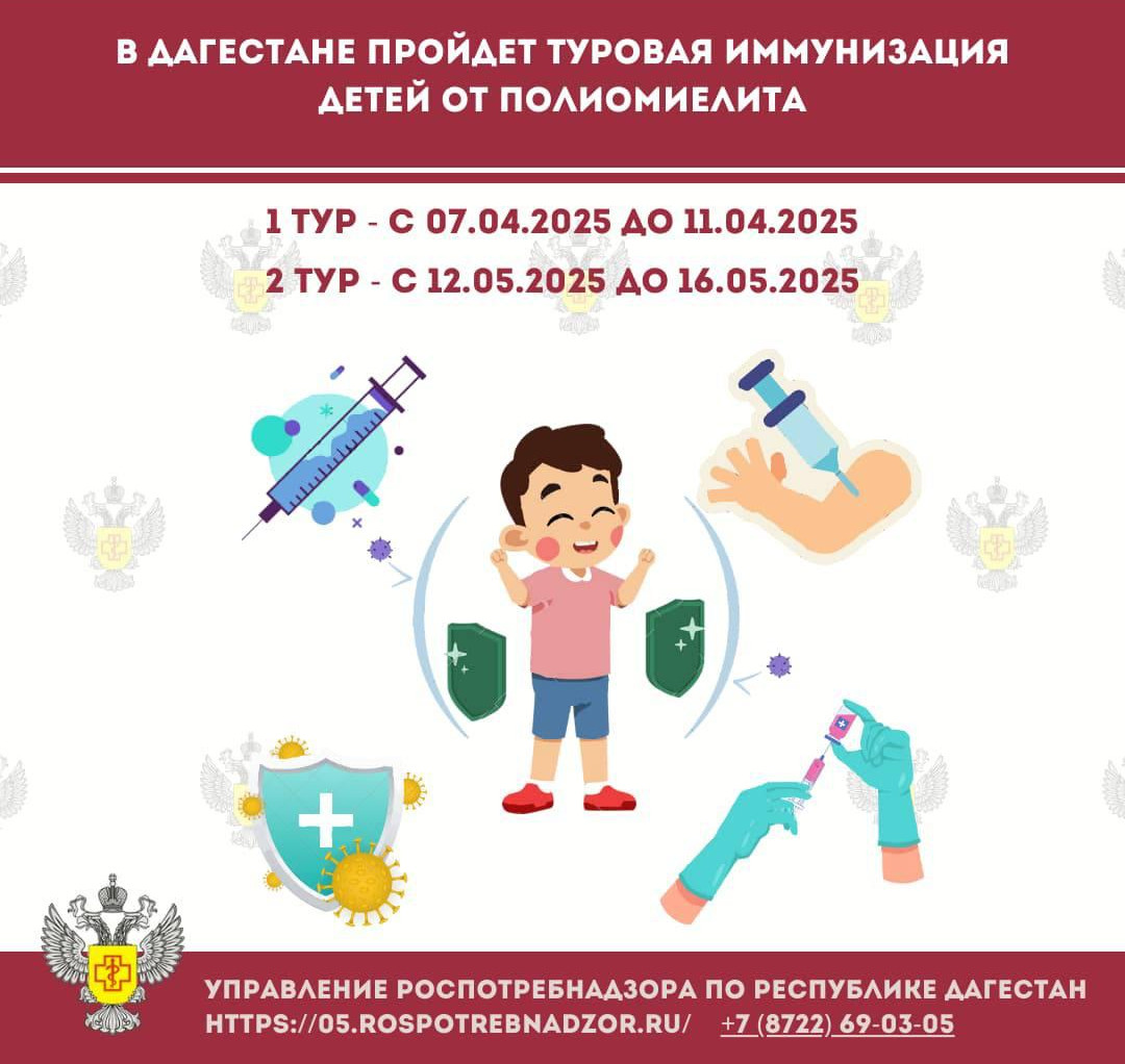 Минздрав РД, [27 фев. 2025 в 10:36] В Дагестане пройдет туровая иммунизация детей от полиомиелита