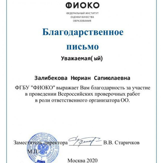 Благодарнности по проведению ВПР 2020г.