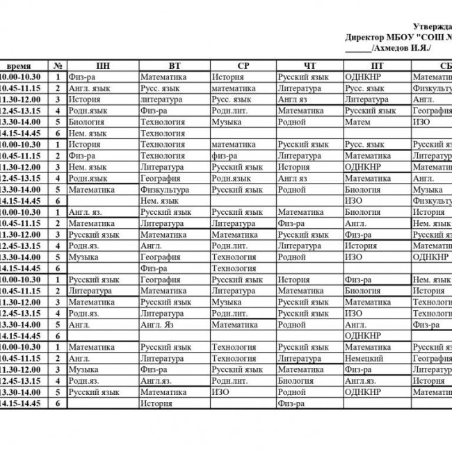 Расписание уроков на период ДО