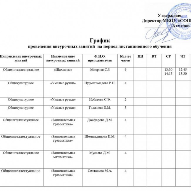 Расписание внеурочной деятельности на период ДО