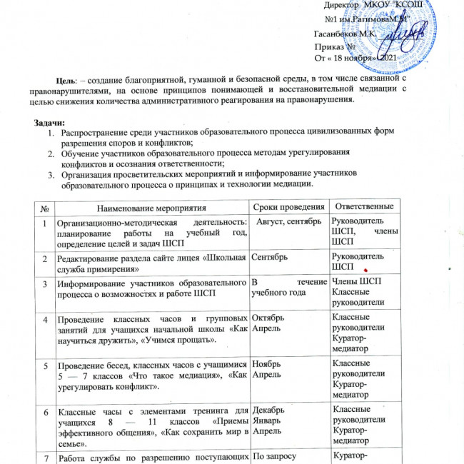 План работы Школьный службы примирения План работы Школьный службы примирения
